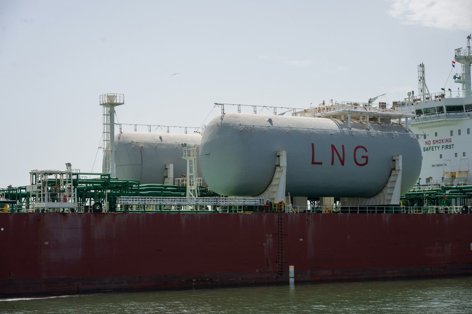 Large lng tanks on a cargo ship