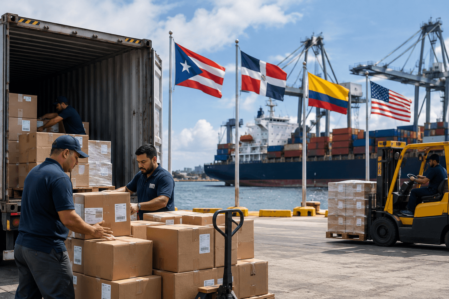 AI-generated editorial image: Create an image that illustrates small businesses exporting from Puerto Rico to the Dominican Republic, Colombia and the U.S.